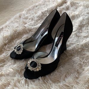 Never Worn Nina Black Satin Peeptoe Wedge Heel